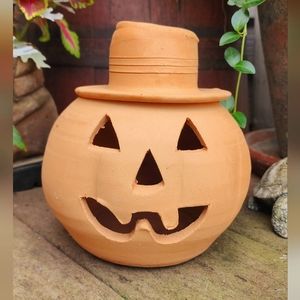 Red Clay Pumpkin Face Craven's Pottery Decor.  NWT Vintage